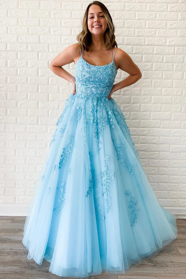 Yellow Tulle Spaghetti Straps Scoop A-Line Prom Dress With Appliques