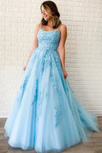 Yellow Tulle Spaghetti Straps Scoop A-Line Prom Dress With Appliques