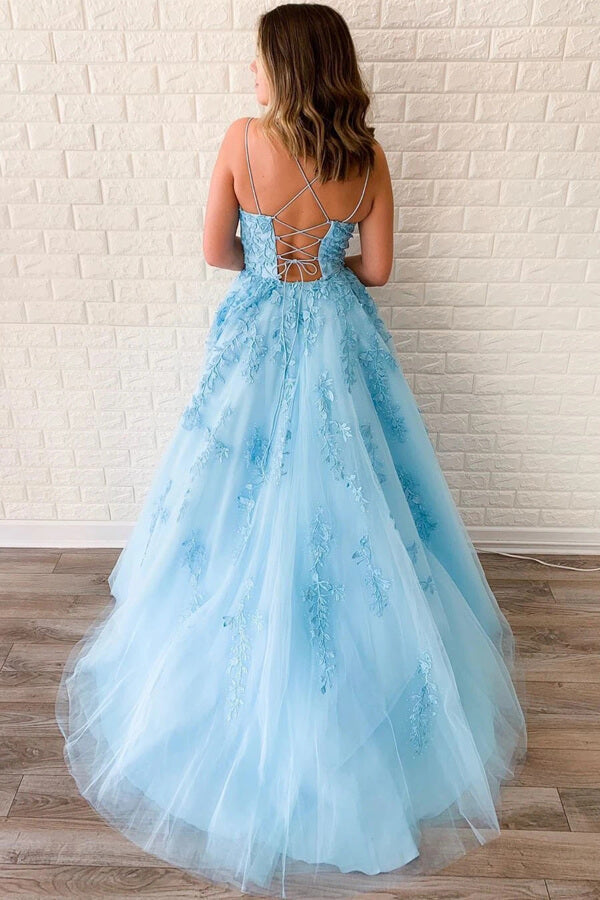 Yellow Tulle Spaghetti Straps Scoop A-Line Prom Dress With Appliques