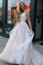 Yellow Tulle Spaghetti Straps Scoop A-Line Prom Dress With Appliques