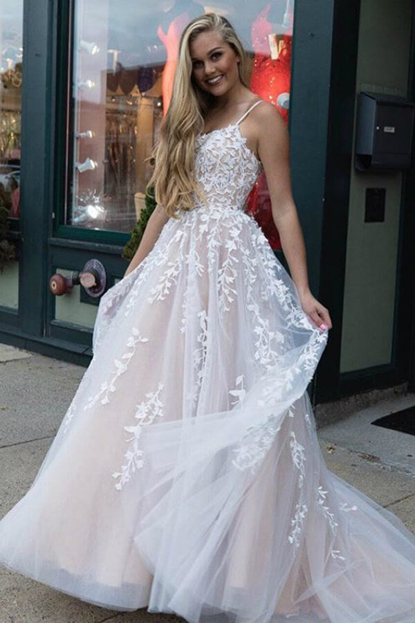 Yellow Tulle Spaghetti Straps Scoop A-Line Prom Dress With Appliques
