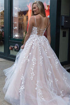 Yellow Tulle Spaghetti Straps Scoop A-Line Prom Dress With Appliques
