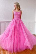 Yellow Tulle Spaghetti Straps Scoop A-Line Prom Dress With Appliques