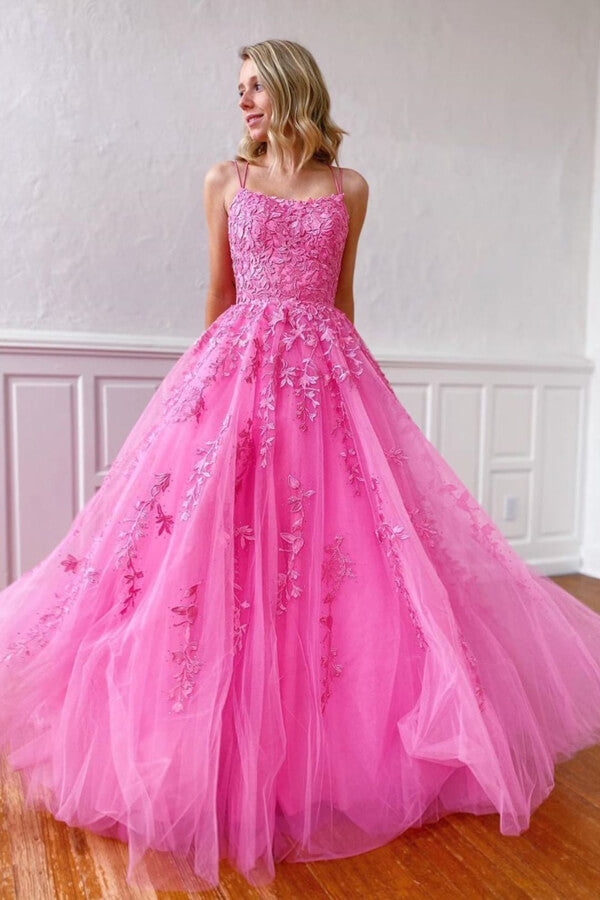 Yellow Tulle Spaghetti Straps Scoop A-Line Prom Dress With Appliques