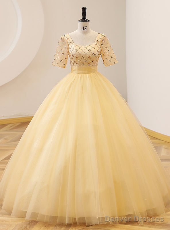 Yellow Tulle Square Short Sleeve Beading Quinceanera Dress Main image