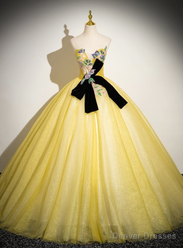 Yellow Tulle Strapless Appliques Quinceanera Dress Main image