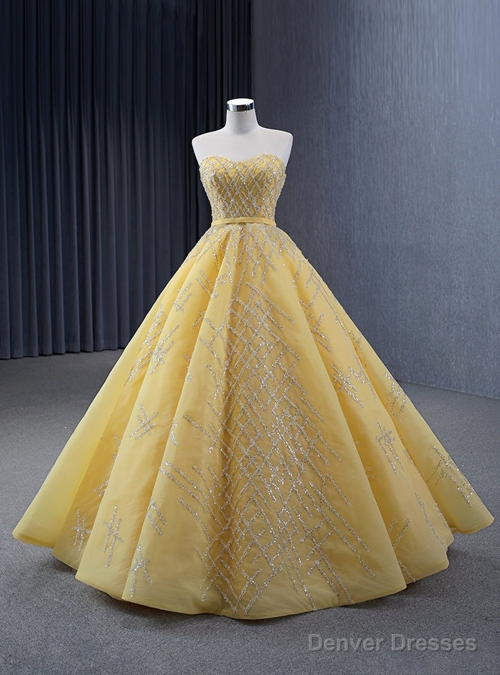 Yellow Tulle Strapless Sequins Beading Prom Dress Main image