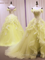 Yellow Tulle With Lace Sweetheart Long Formal Dress, Yellow Tulle Prom Dress
