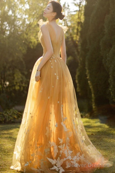 Yellow Tulle With White Lace Long Evening Dress, Yellow Straps Prom Dresses
