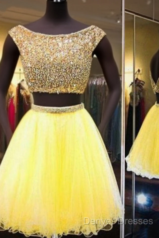 Yellow Two Piece Cap Sleeve Homecoming Dress Beaded Main image
