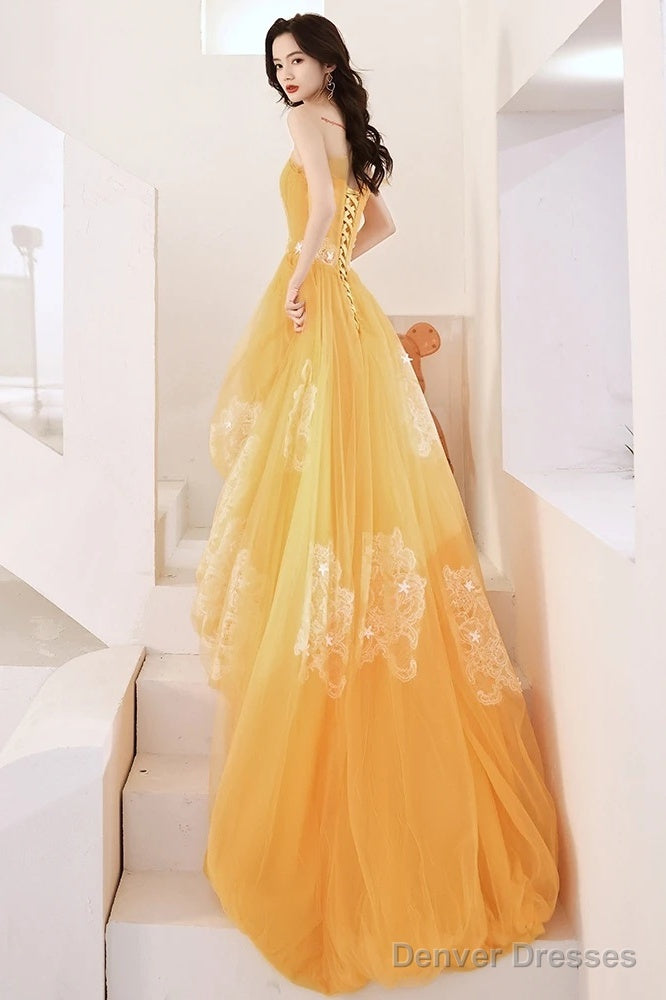 Yellow Unique High Low Tulle With Lace Prom Dress, Yellow Formal Dress Evening Dress Secondary image