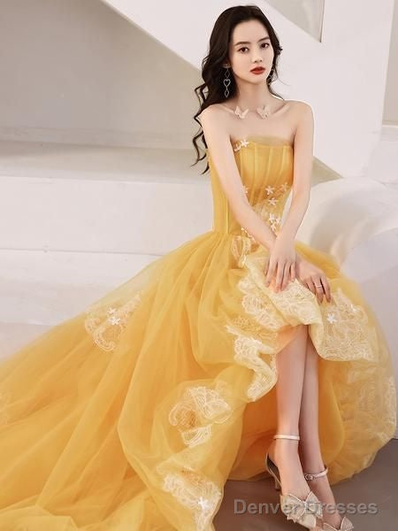 Yellow Unique High Low Tulle With Lace Prom Dress, Yellow Formal Dress Evening Dress Main image