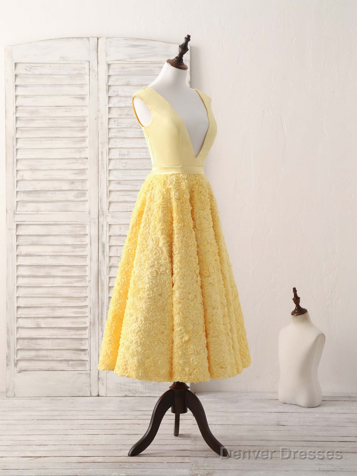 Yellow V Neck 3D Lace Tea Long Prom Dress, Yellow Evening Dress Secondary image