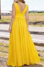 Yellow V Neck Chiffon Floor Length Bridesmaid Dresses Long Bridesmaid Dress With Pleated Split