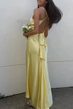 Yellow V-Neck Backless Fashion Elegant Long Satin Ball Gown Evening Dress Wedding Guest Party Dress