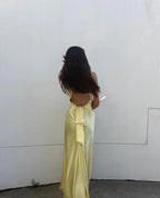 Yellow V-Neck Backless Fashion Elegant Long Satin Ball Gown Evening Dress Wedding Guest Party Dress
