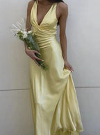 Yellow V-Neck Backless Fashion Elegant Long Satin Ball Gown Evening Dress Wedding Guest Party Dress