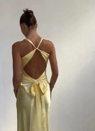 Yellow V-Neck Backless Fashion Elegant Long Satin Ball Gown Evening Dress Wedding Guest Party Dress