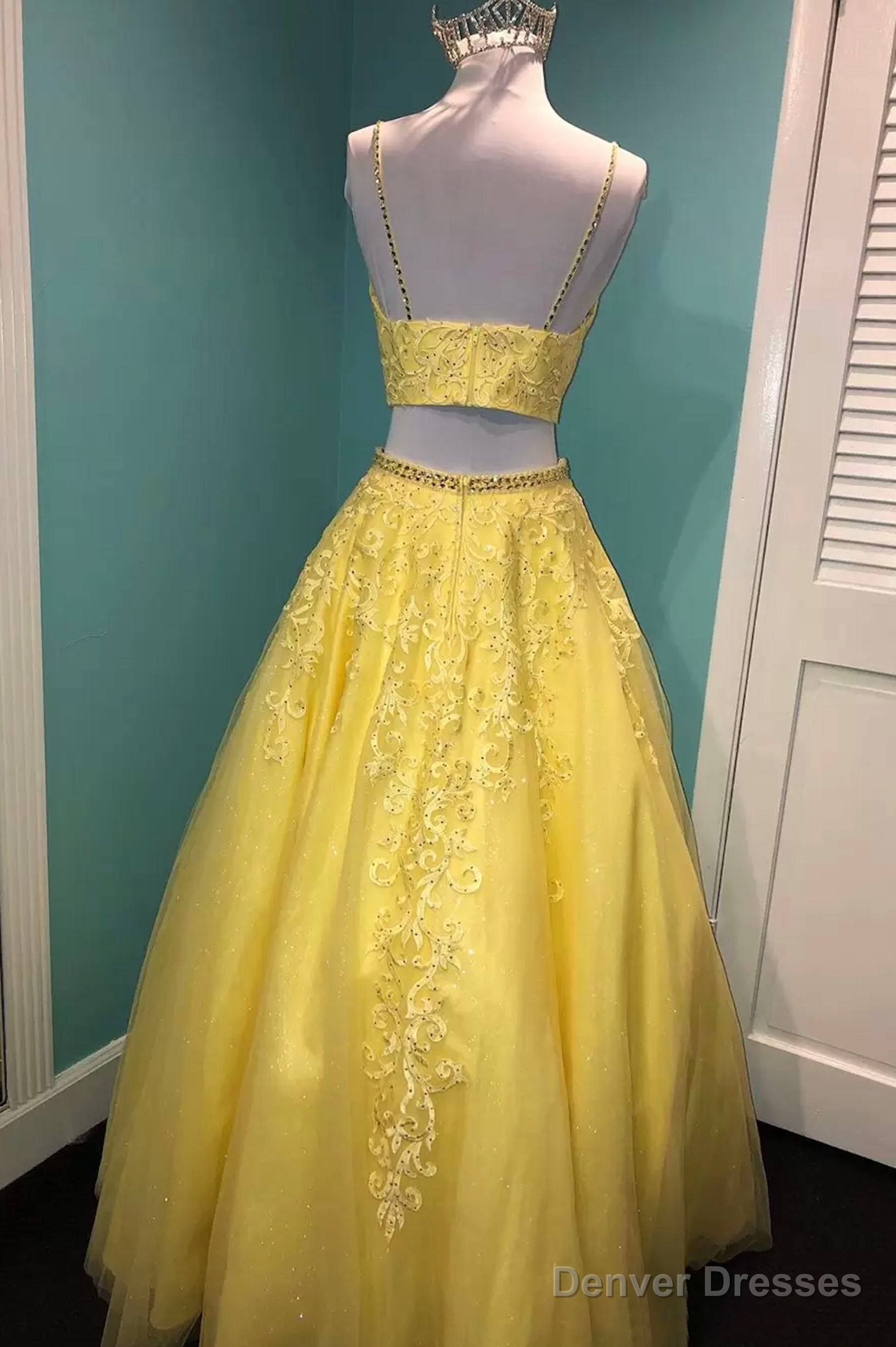 Yellow V-Neck Lace Long Prom Dress, Two Pieces Evening Graduation Dress Secondary image