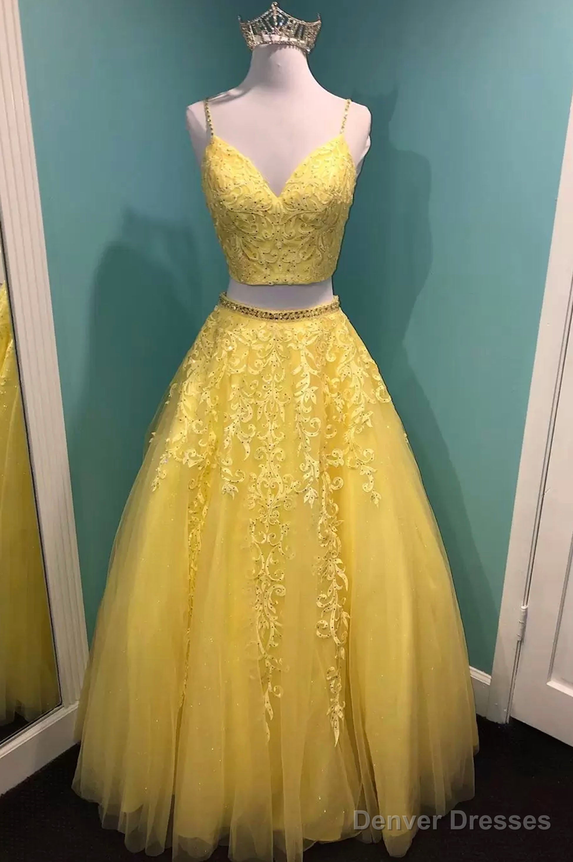 Yellow V-Neck Lace Long Prom Dress, Two Pieces Evening Graduation Dress Main image