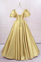 Yellow V-Neck Satin Long Prom Dress, A-Line Puff Sleeves Evening Party Dress