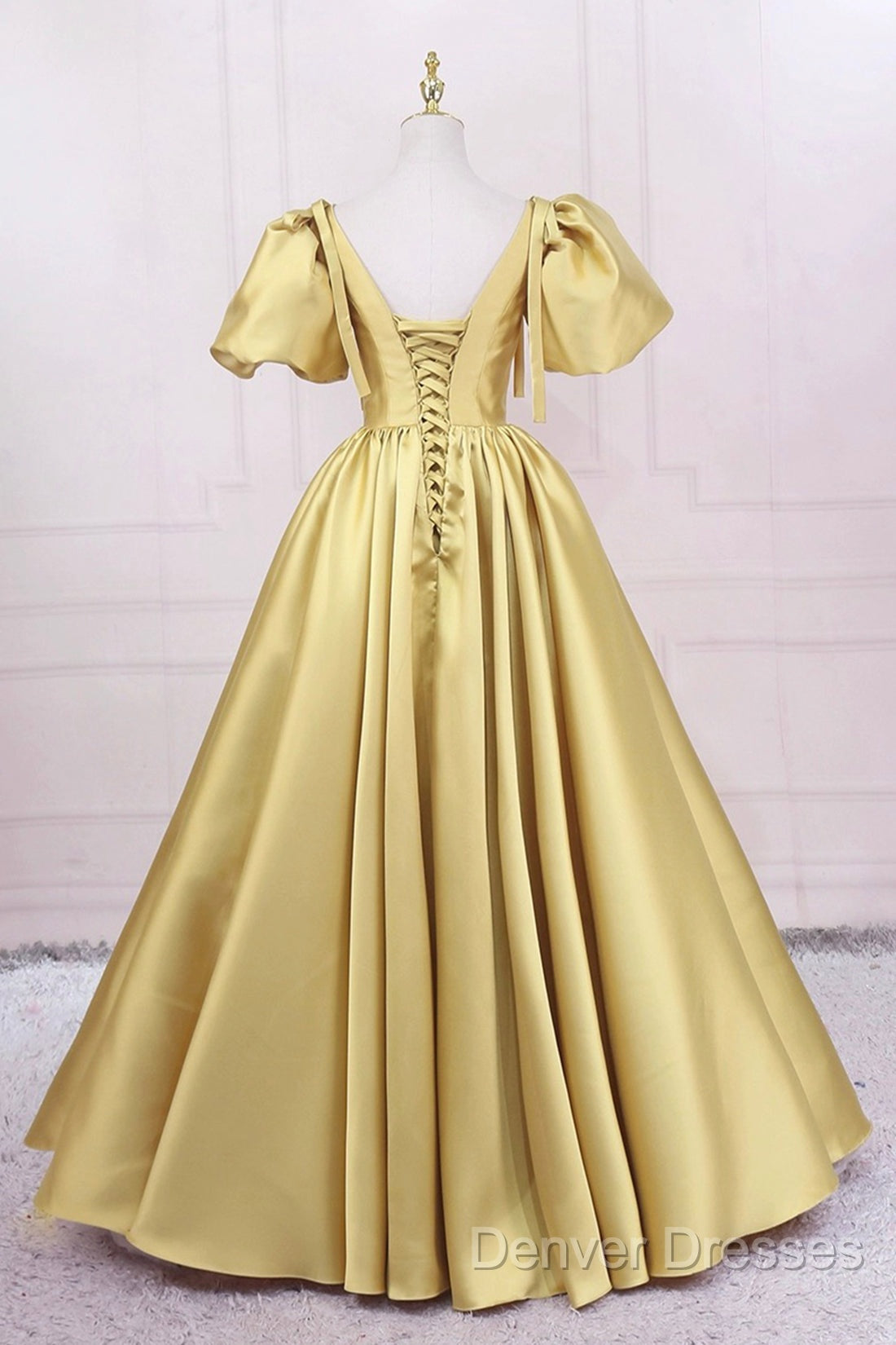 Yellow V-Neck Satin Long Prom Dress, A-Line Puff Sleeves Evening Party Dress