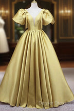 Yellow V-Neck Satin Long Prom Dress, A-Line Puff Sleeves Evening Party Dress
