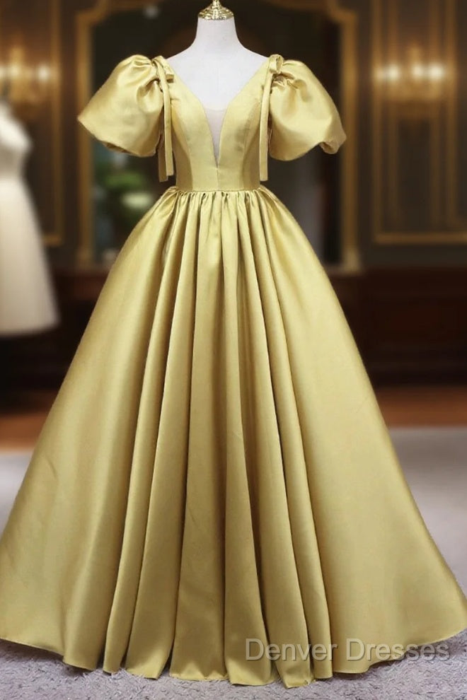 Yellow V-Neck Satin Long Prom Dress, A-Line Puff Sleeves Evening Party Dress
