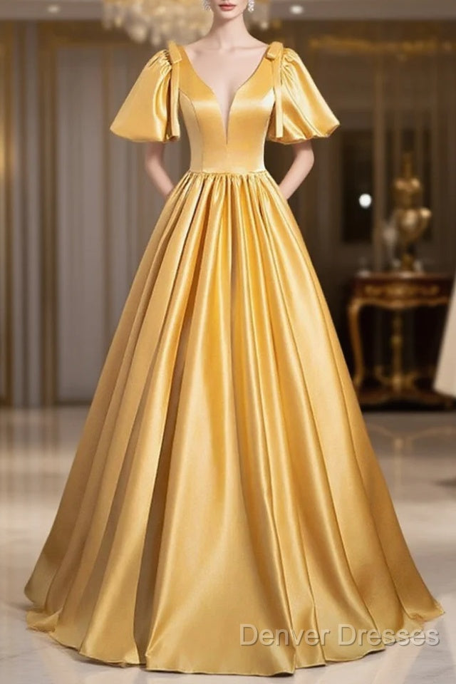 Yellow V-Neck Satin Long Prom Dress, Yellow A-Line Short Sleeve Evening Dress