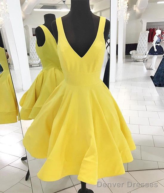Yellow V Neck Satin Short Prom Dress, Yellow Homecoming Dress Main image