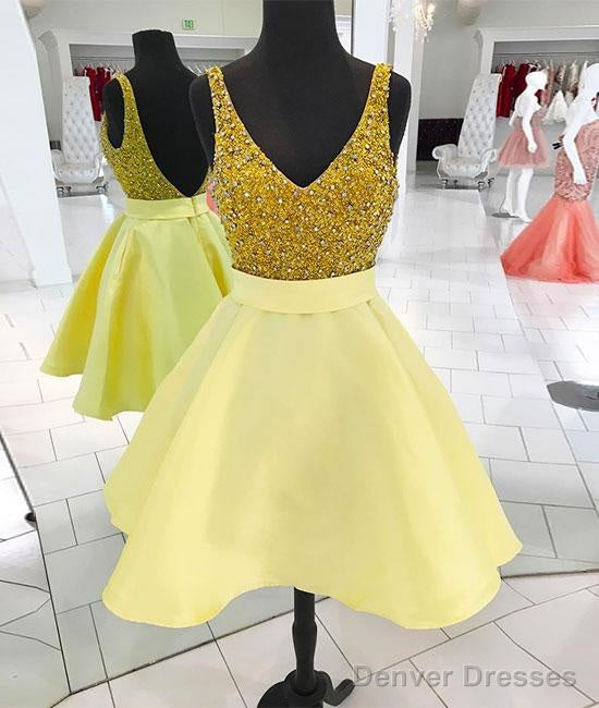 Yellow V Neck Sequin Short Prom Dress, Homecoming Dress Main image