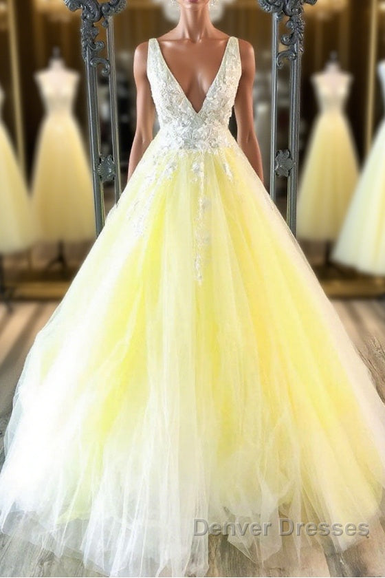 Yellow v neck tulle lace long prom Dress yellow formal Dress Main image