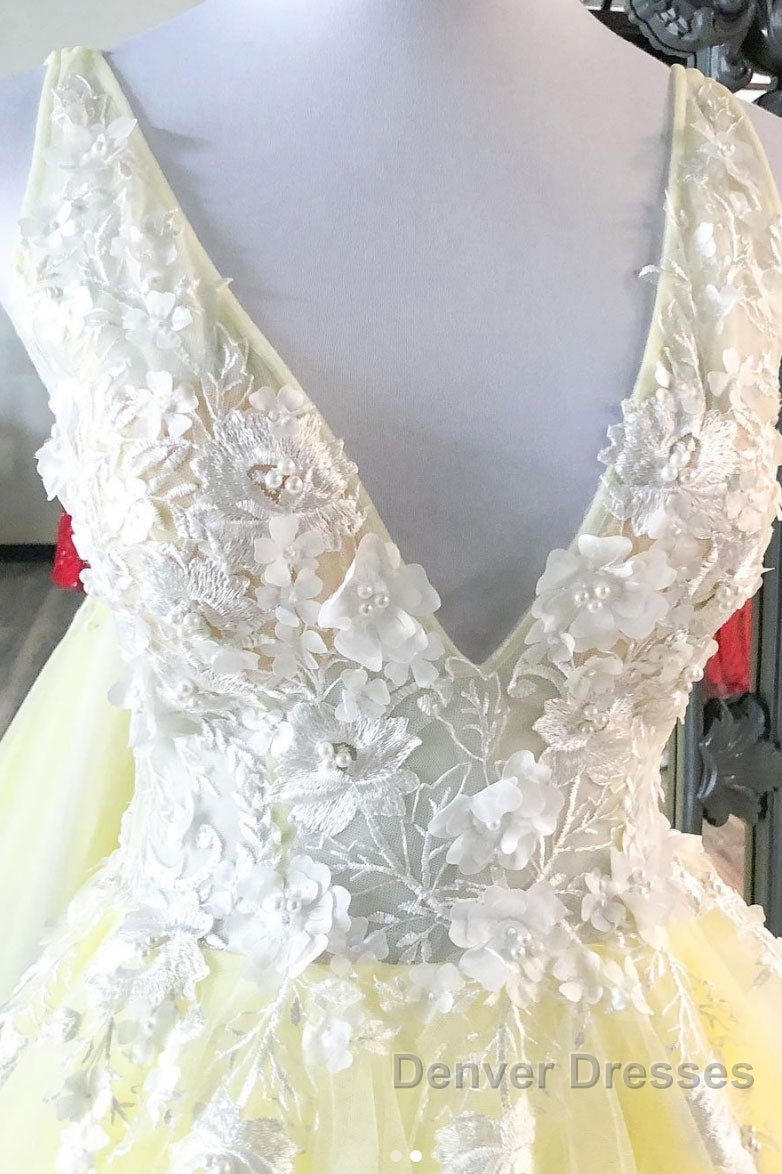 Yellow v neck tulle lace long prom Dress yellow formal Dress