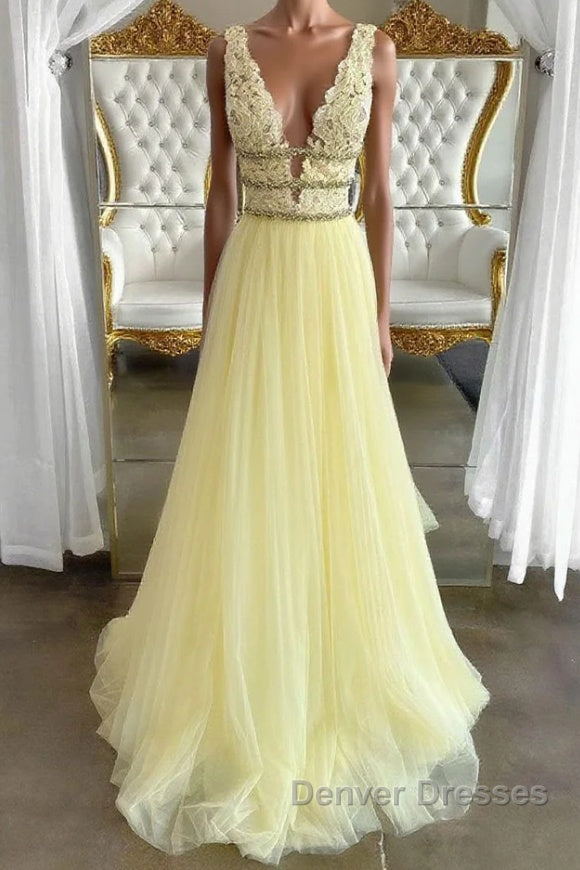 Yellow v neck tulle lace long prom Dress, yellow tulle lace evening Dress