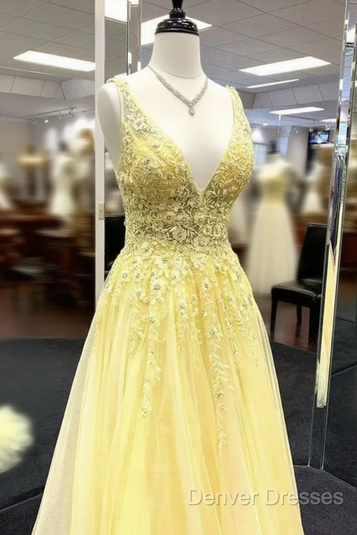 Yellow V Neck Tulle Lace Prom Dress Evening Dress Main image