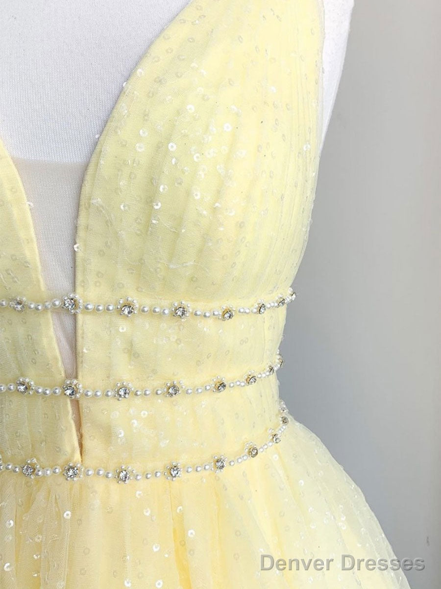 Yellow V Neck Tulle Sequin Short Prom Dress Yellow Formal Dress Secondary image