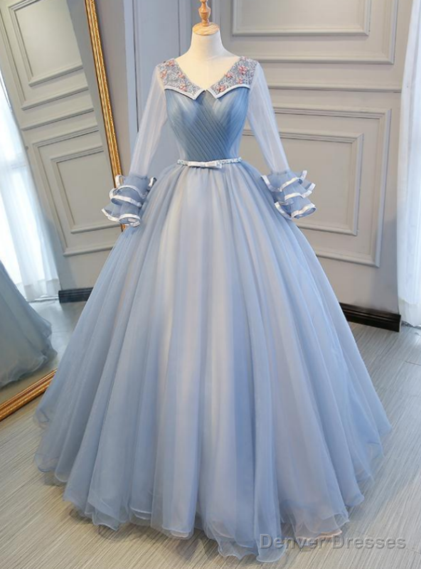 You Are Sure To Find The Perfect Blue Ball Gown Tulle Long Sleeve V-neck Pleats Appliques Quinceanera Dress Main image