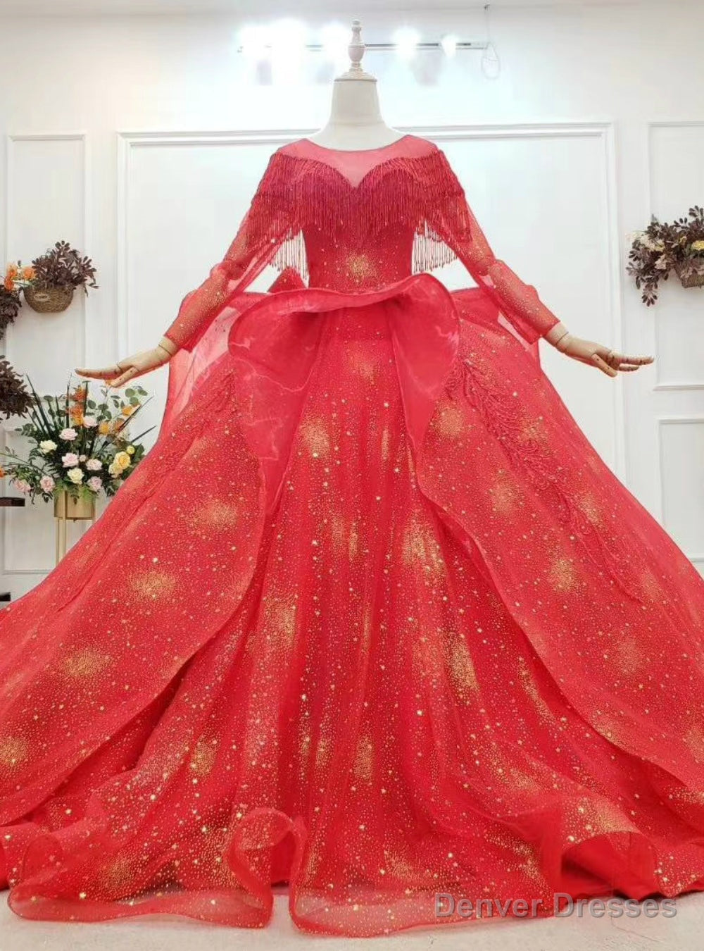 You Can Be The Star Red Ball Gown Tulle Gold Sequins Long Sleeve Beading Appliques Wedding Dress Main image