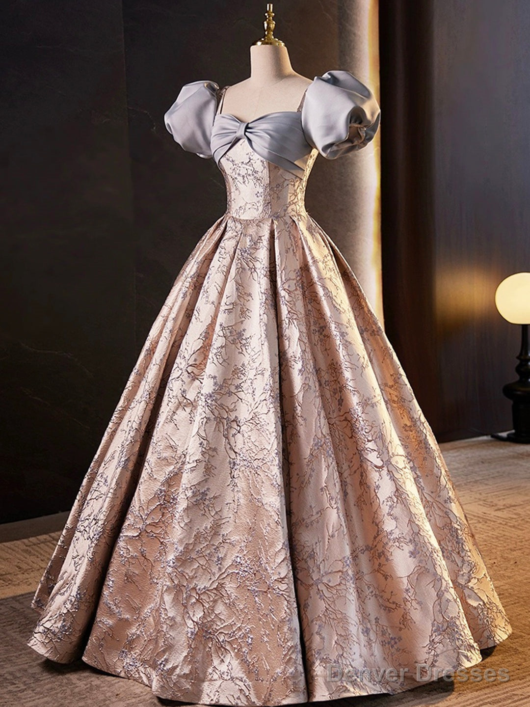 Stylish Floor-Length Printing Prom Dresses, A-Line Short Sleeve Backless Evening Formal Dresses Main image