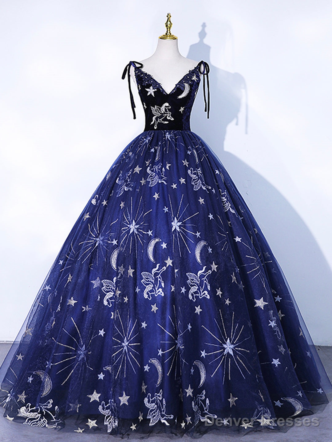 Navy Blue Tulle Long Prom Dress, Spaghetti Straps Lace Flower Backless Evening Dress