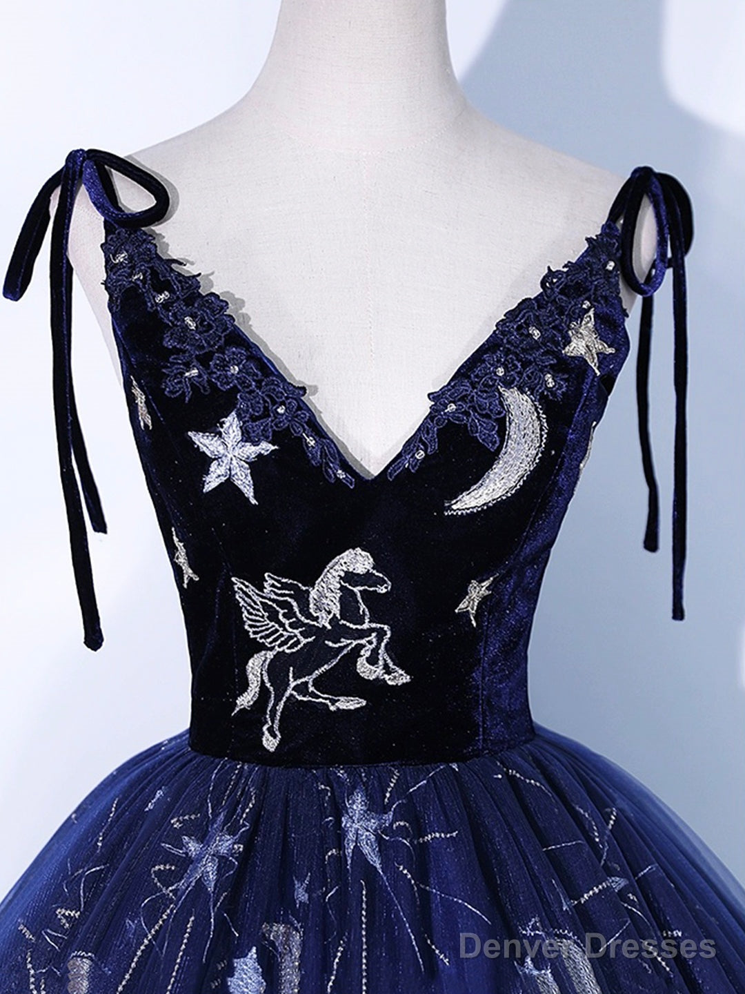Navy Blue Tulle Long Prom Dress, Spaghetti Straps Lace Flower Backless Evening Dress Secondary image