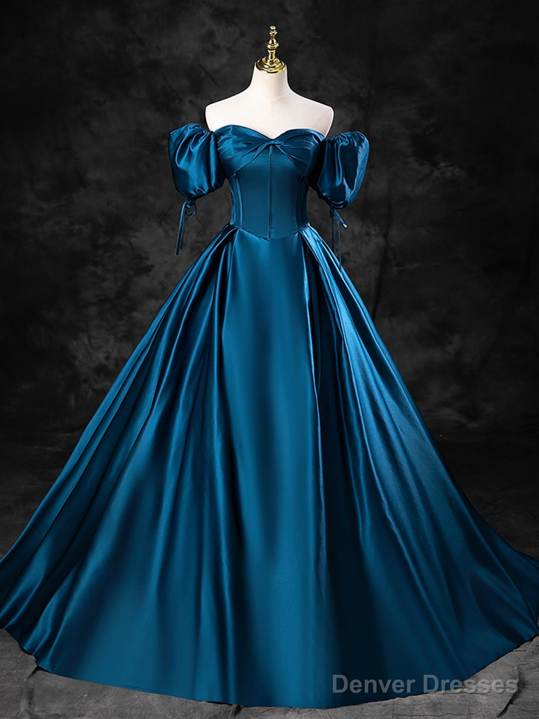 Blue Satin Off the Shoulder Floor Length Prom Dress, Blue A-Line Party Dress