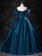 Blue Satin Off the Shoulder Floor Length Prom Dress, Blue A-Line Party Dress