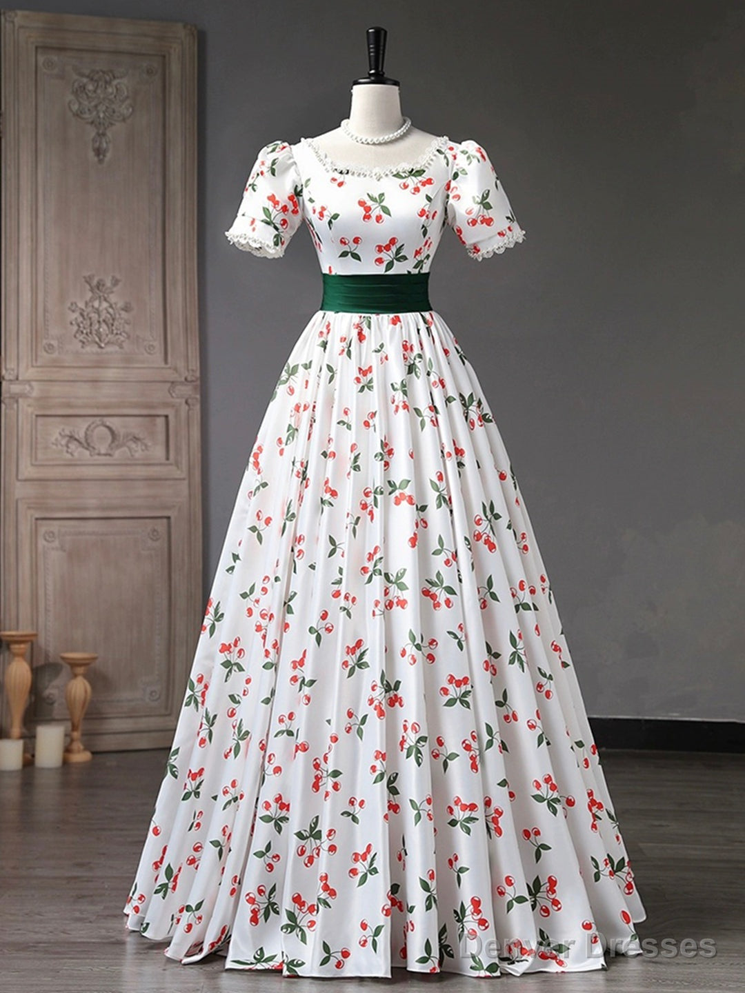 Beautiful Cherry Pattern Long Princess Prom Dress, White A-Line Short Sleeve Evening Party Dress Secondary image