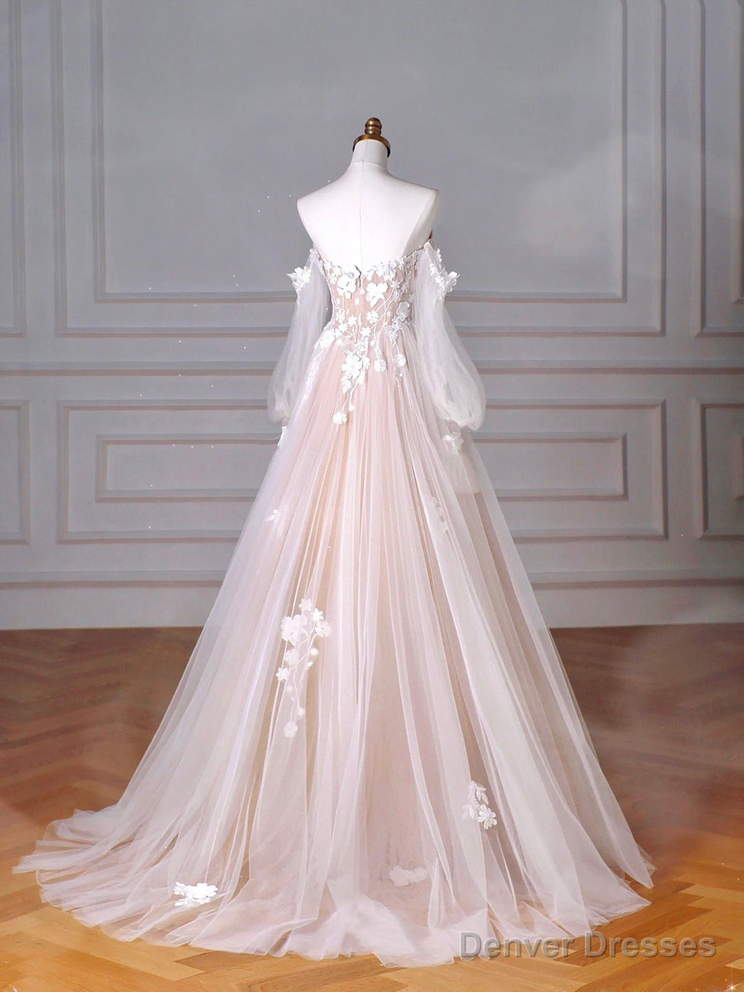 Champagne Tulle Lace Sweetheart Neck Long Formal Dress, A-Line Puff Sleeves Party Dress Secondary image