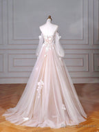 Champagne Tulle Lace Sweetheart Neck Long Formal Dress, A-Line Puff Sleeves Party Dress