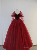 Burgundy Velvet and Tulle Floor Length Formal Dress, A-Line Long Sleeve Tulle Evening Party Dress