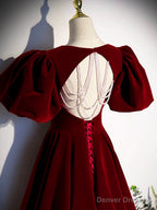 Burgundy Velvet Floor Length Prom Dress, Beautiful Open Back Evening Dress with Pearls