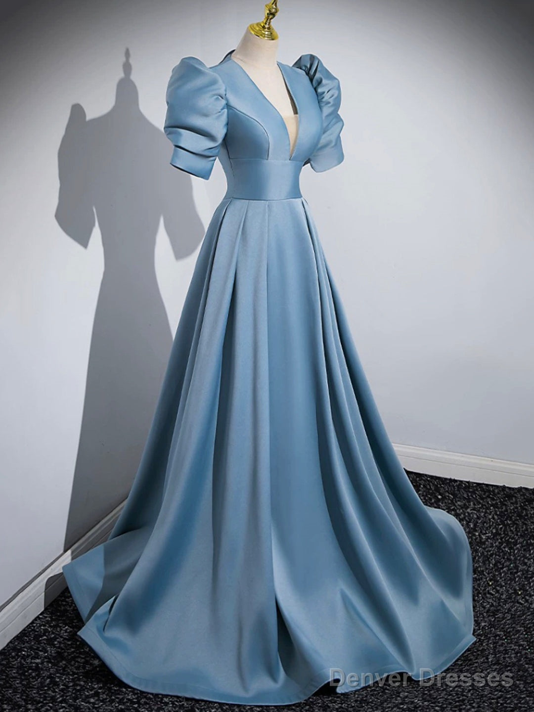 Blue Floor Length V-Neck Satin Prom Dress, Simple A-Line Evening Dress Secondary image