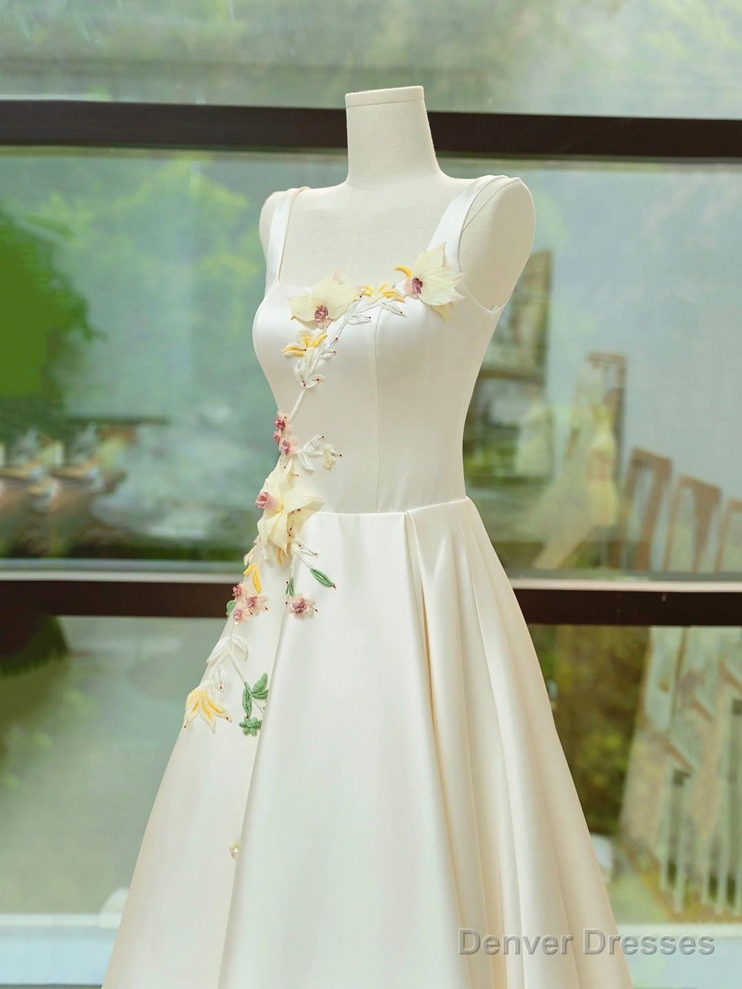 Elegant Satin Floor Length Formal Dress with 3D Flowers, Light Champagne A-Line Evening Party Dress Main image